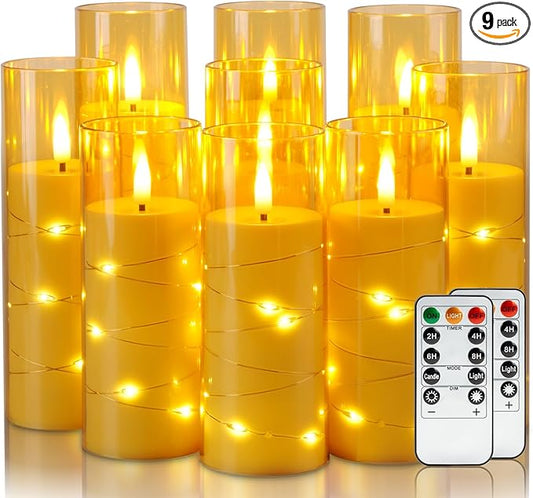Homemory Flameless Candles with Embedded Star String Fairy Lights, Battery Operated Candles with Remote Control and Timer, Flickering LED Candle for Fall Pumpkin Decorations, Amber Gold, Set of 9