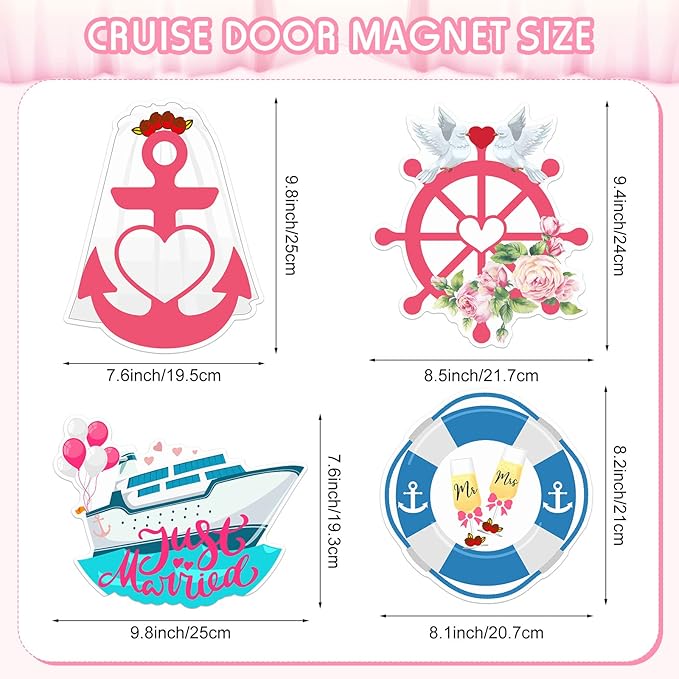 Xuhal 4 Pcs Just Married Cruise Door Decorations Wedding Honeymoon Cruise Door Magnets Just Married Car Decoration Anchor Life Preserver Magnet Carnival Car Locker Refrigerator