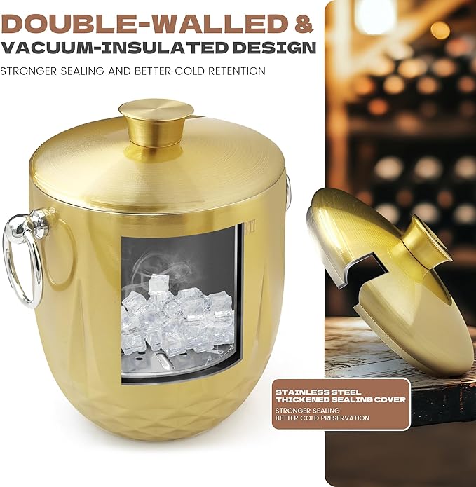 Ice Buckets for Parties with Lid,Tongs and Strainer (3L/Gold) Double Wall Stainless Steel Ice Bucket Keeps Frozen Longer,Ideal Perfect for Parties, Cocktail bar, Chilling Wine, Champagne