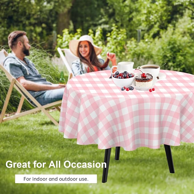 QIKSION Pink Gingham Round Tablecloth 6 Pack, 84 Inch Plastic Checkered Table Cover Disposable for Parties