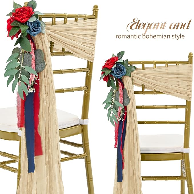 50 PCS Cheesecloth Chair Sashes Bows Wedding Aisle Decorations Chair Ribbon Ties Back Sash for Wedding Party Events Banquet Chair Cover Decoration (Beige)