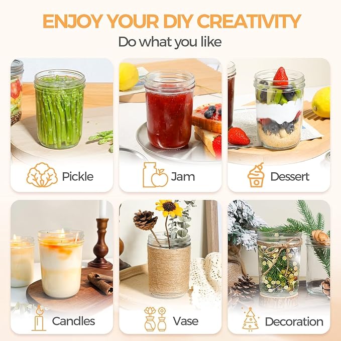 ComSaf Small Mason Jars 8 oz - 6 Pack, Regular Mouth Mason Jar with Lids and Seal Bands, Small Glass Canning Jar for Spice, Jam, Honey, Jelly, Dessert, Shower Wedding Favors, DIY Candles Decor