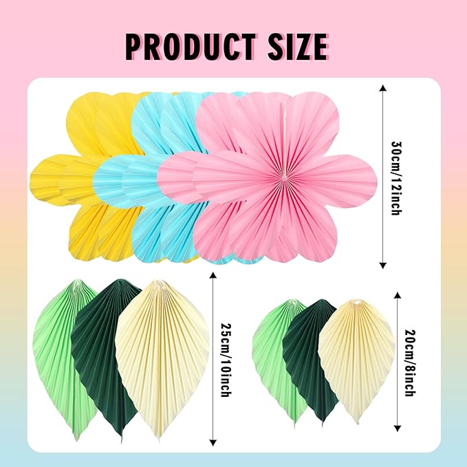 ADLKGG Paper Flowers Leaves Fan Party Decorations, Hanging Flower Wall Backdrop for Classroom Decor, Spring Party Decorations, Wedding, Tropical Jungle Forest Birthday, Fiesta Party, 12pcs