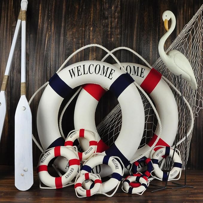 MorroMorn Lifebuoy Wall Hanging Decor - Welcome Aboard Mediterranean Style Home Decoration (Red, 18")