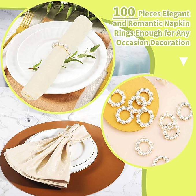 GENMOUS Set of 100 Silver Pearl Napkin Rings, Elegant Imitation Beaded Stylish Napkin Buckles for Formal Decor, White Napkin Ring Holders with Rhinestones for Weddings, Formal Dinners, Parties