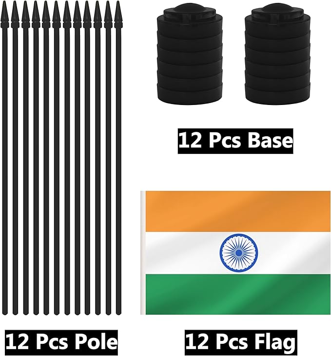 12 Pack India Desk Flags, Indian Desktop Flag, Small Miniature Office Flags with 12" Black Pole and Black Base, Offices, Classroom, Home, Festival Decoration (India)
