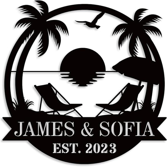 Personalized Beach Metal Monogram Sign, Custom Palm Trees Sign, Outdoor Metal Family Name Sign, Custom Last Name Sign, Beach Coastal House Decor