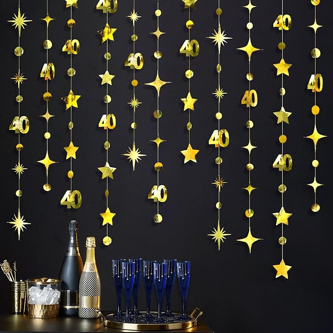 Gold 40th Birthday Decorations Number 40 Circle Dot Twinkle Star Garland Metallic Hanging Streamer Bunting Banner Backdrop for Women Mens 40 Year Old Birthday Forty Anniversary Party Supplies