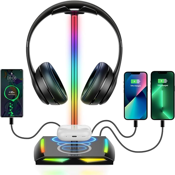 New bee RGB Headphone Stand with 2 USB-C & 1 USB Charging Ports, Desk Gaming Headset Holder with 7 Light Modes and Non-Slip Rubber Base Suitable for All Earphone Accessories
