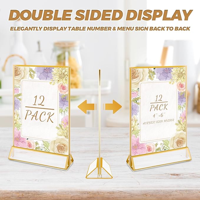 12 Pack Gold Acrylic Sign Holder 4x6 Picture Frame, Double Sided Gold Table Number Holder 4x6 Display Stand for Wedding, Home, Offices