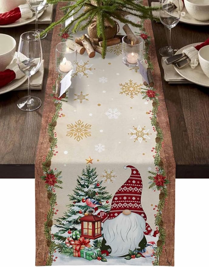 Christmas Gnomes Cotton Linen Table Runner for Dining Kitchen, Xmas Pine Tree Snowflake Rustic Wedding Outdoor Party Tablerunners Decoration, Retro Wood Dresser Scarf Tablecloth Runners 13x108 Inches