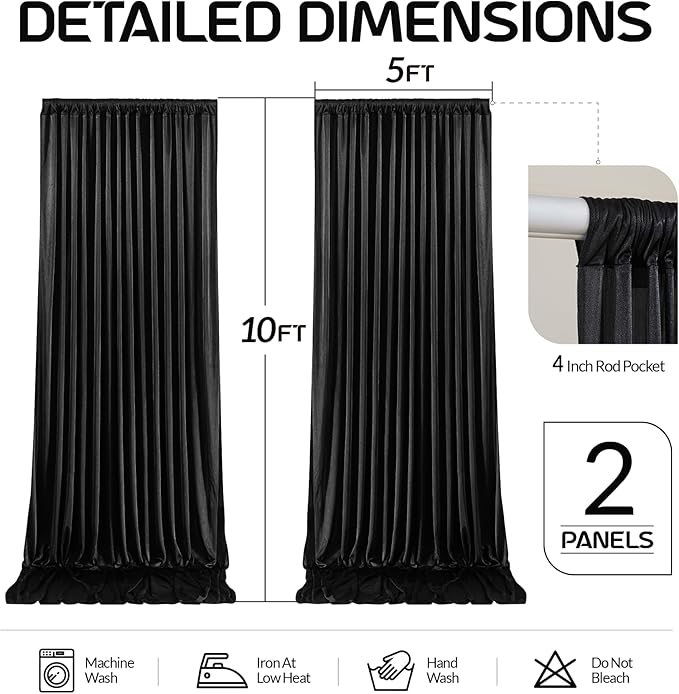Black Satin Backdrop Curtains 2 Panels - Glitter Photo Drapes for Baby Shower, 10x10FT Shimmer Back Drop Cloth, Wrinkle Free for Birthday Party Prom Wedding Photoshoot Background