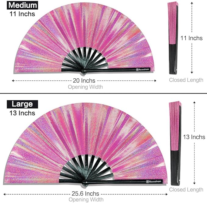 Large Rave Fan, Clack Folding Hand Fan with Premium Fabric, Thick Bamboo Frame for Men Women Gift for EDM, Festival, Club, Party, Dance, Decoration (Lridescent Pink, 11")