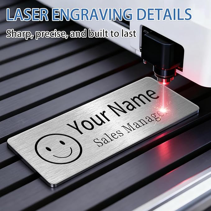 Metal Custom Name Tags – Personalized Engraved Name Badges with Pin, Magnetic or Adhesive Backing, 1×3 Inch ID Badge(Silver)