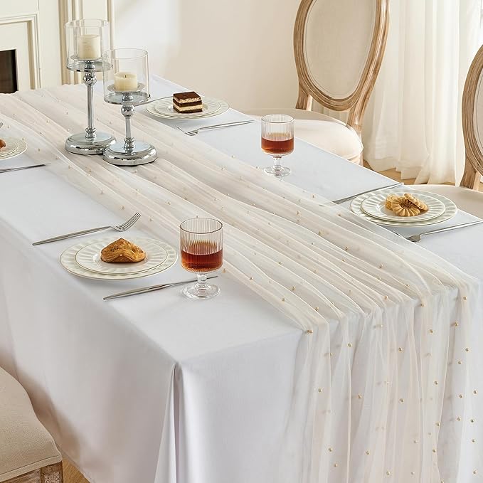 Fanami 1 Pack Pearl Table Runner -10FT Champagne Gold Boho Tulle Table Runners 120 Inches Long Rustic Sheer Lace Fabric Centerpieces for Wedding Arch Birthday Party Bridal Veil Baby Shower Decorations