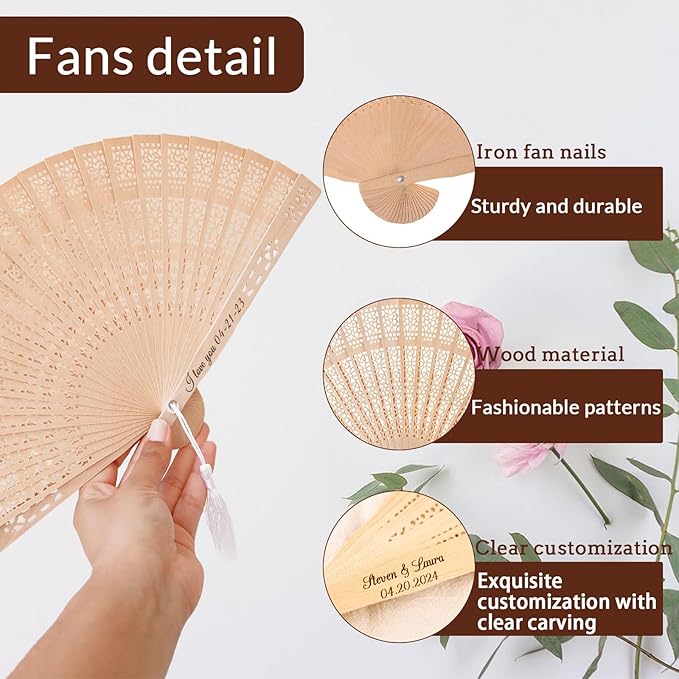 100Pcs Personalized Folding Hand Fans Custom Engraved Summer Wedding Fans,Personalized Wooden Fans Party Favor Bridal Shower Gifts for Guests