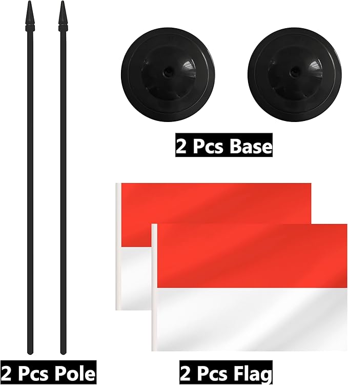 2 Pack Indonesia Desk Flag Set, Indonesian Desktop Small Miniature Table Office Flag with 12" Black Pole and Black Base, Offices, Classroom, Home, Festival Decoration (Indonesia)