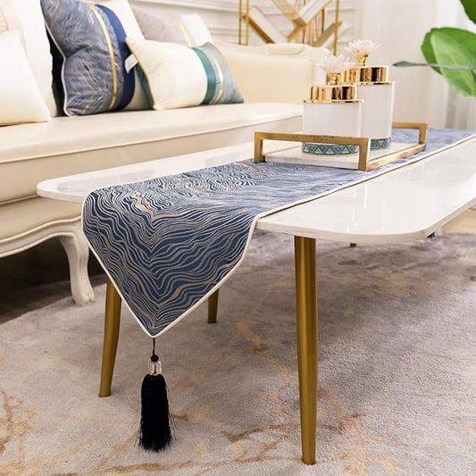 Avigers 12 x 59 Inch Decorative Luxury Abstract Striped Navy Blue Table Runners with Tassels for Home Living Room Bedroom Art Decor Wedding