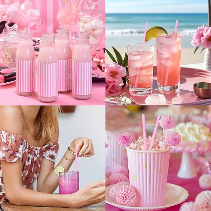 Solid Pink Disposable Paper Drinking Straws 7.75 inch 100 Counts - for Party, Cocktails, Cake Pops, Bars, Restaurants