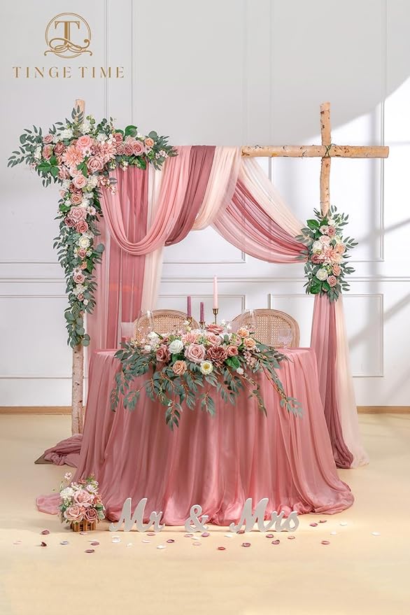 TINGE TIME Artificial Sweetheart Flower Swag with Tablecloth and Table Runner, Pack of 3 Floral Arrangement for Wedding Sweetheart Table Centerpiece Decoration Valentine's Day (DustyRose&Cream)