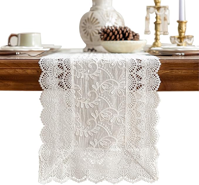 White Elegant Vintage Lace Table Runner,Wedding Lace Decor with Floral Embroidery,Tea Party Decor (White, 13.8X47 Inches)