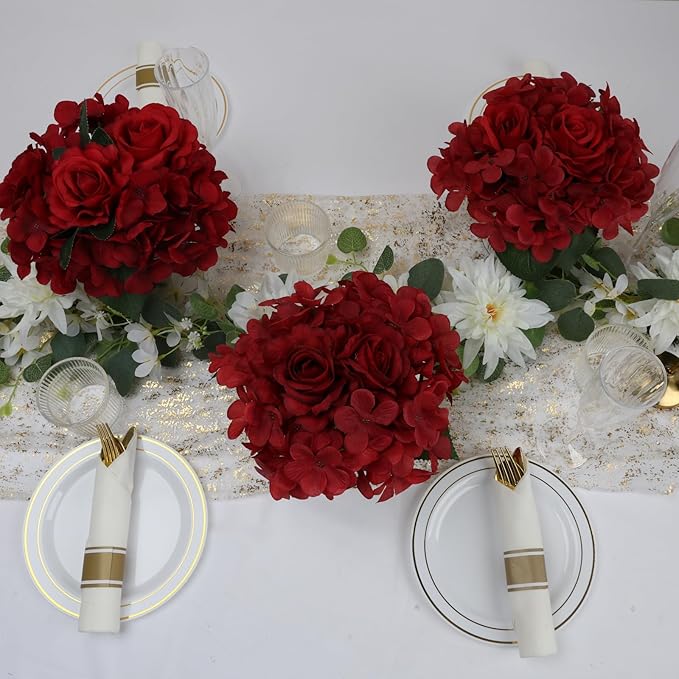 Flower Table Centerpieces - Set of 6 Floral Arrangement Artificial Wedding Hydrangeas Floral Arrangement with Rustic Metal Vase for Bridal Tea Party Event Decorations - Deep Red
