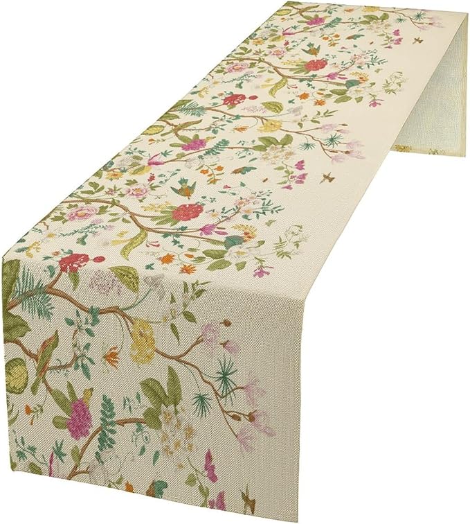 Floral Table Runner, Vintage Birds Wildflowers Herbs Nature Theme Linen Long Table Kitchen Dining Table Holiday Party Decorative Table Runner,13in（33cm） W * 90in（229cm） L