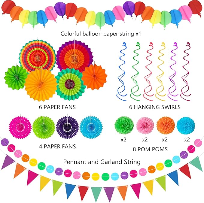 33Pcs Fiesta Decorations Cinco De Mayo Decorations Multi-Color Paper Fans Garlands Pennant Pom Poms Hanging Swirls For Birthday Wedding Rainbow Mexican Party