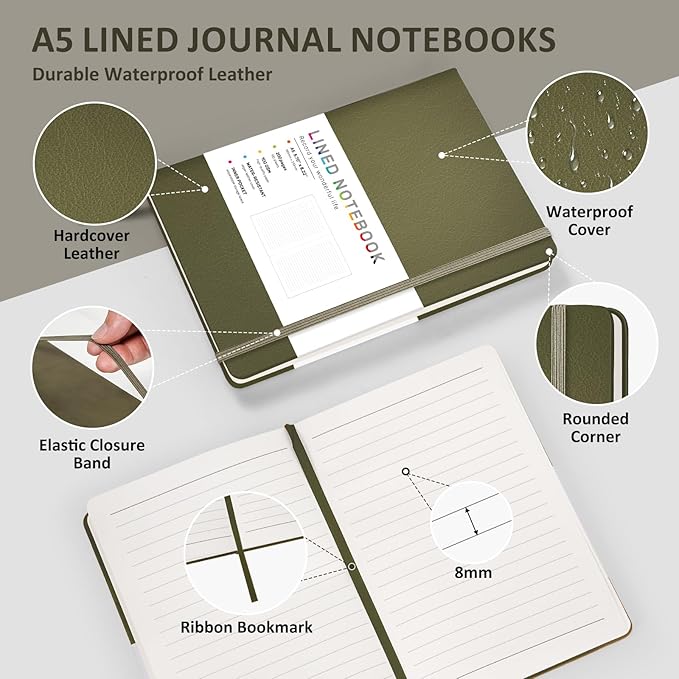 Lined Journal Notebook for Women Men, 200 Pages A5 Hardcover Leather Journals 5.7” x 8.3”, A5 College Ruled Notebooks with 100 GSM Thick Paper for Writing,Travel,School,Office,Work,Business(Green)