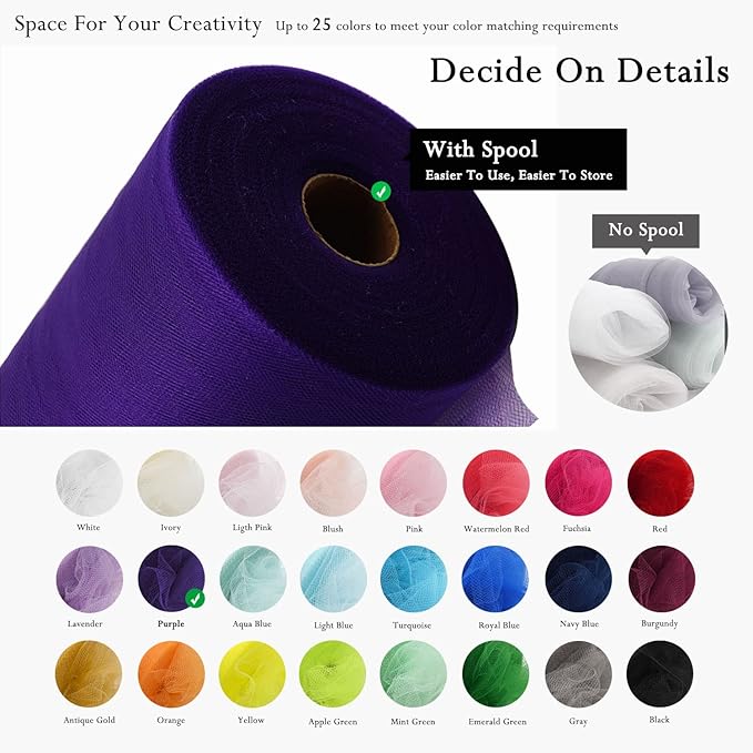 Purple Tulle Fabric Rolls 54 Inch by 40 Yards Tulle Bolt Spool for Wedding Decorations DIY Halloween Tutu Baby Shower Table Skirt Ceiling Decor Birthday Party Craft Supplies