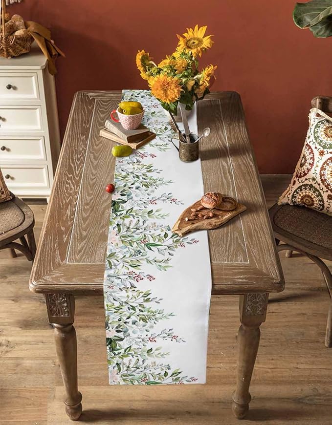 Botanical Eucalyptus Cotton Linen Table Runner for Dining Kitchen, Wedding Outdoor Party Tablerunners Decoration, Sage Green Leaves Elegant Floral Dresser Scarf Coffee Tablecloth Runners 13x48 Inches