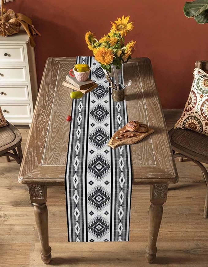 Aztec Southwest Cotton Linen Table Runner for Dining Kitchen, Wedding Outdoor Party Tablerunners Decoration, Boho Ethnic Tribes Vintage Grey Dresser Scarf Coffee Tablecloth Runners 13x72 Inches