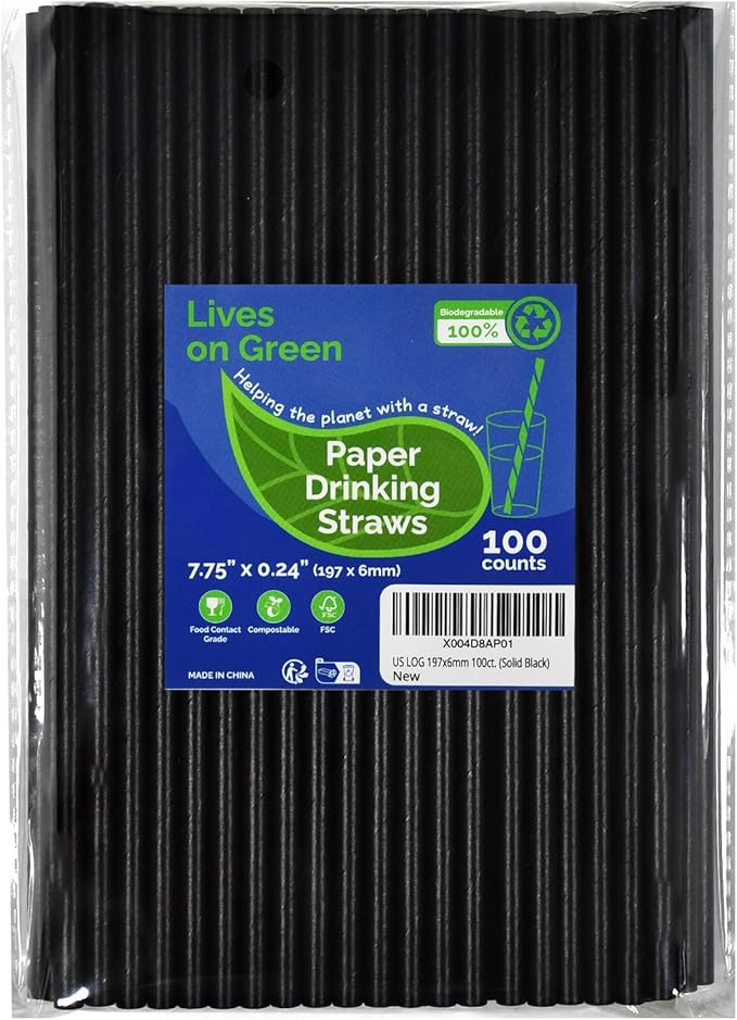 Disposable Black Paper Drinking Straws - 100 Counts, 7.75'' x 0.24'' - for Cocktaill, Coffee, Beverage, Bars, Restaurants