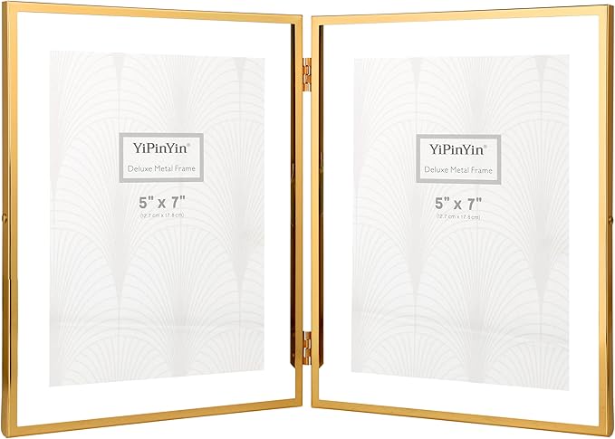 7x9''Gold Double Floating Frame For Photo Sizes (4x 6'', 5x7'',6x8''),For Tabletop/Shelf Display, Classy Gift for Wedding,Christmas,Birthady, Home or Office Decor.