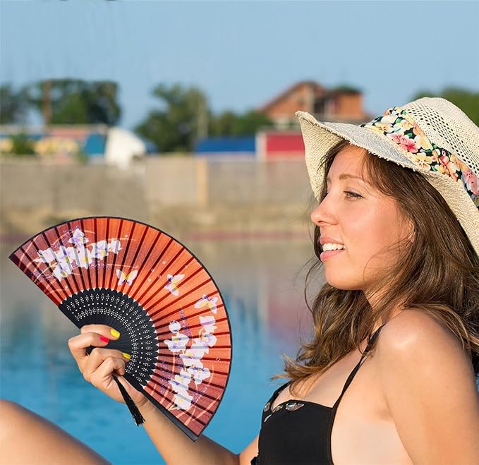 Amajiji Charming Elegant Modern Woman Handmade Bamboo Silk 8.27" (21cm) Folding Pocket Purse Hand Fan