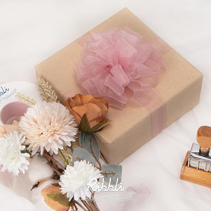 Ribbli Rose Pink Organza Ribbon,1/2 Inches x Continuous 50 Yard,Pink Sheer Ribbon for Gift Wrapping,Cookie Wrapping,Wedding Decoration,All Crafting and Sewing