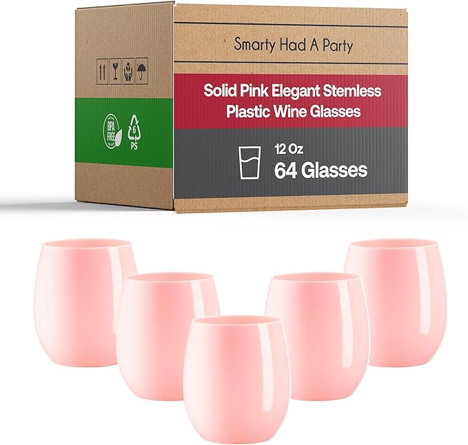Smarty Had A Party 64 Glasses 12 oz. Solid Pink Elegant Stemless Plastic Wine Glasses, Disposable Drinkware, Plastic Wine Glasses for Parties