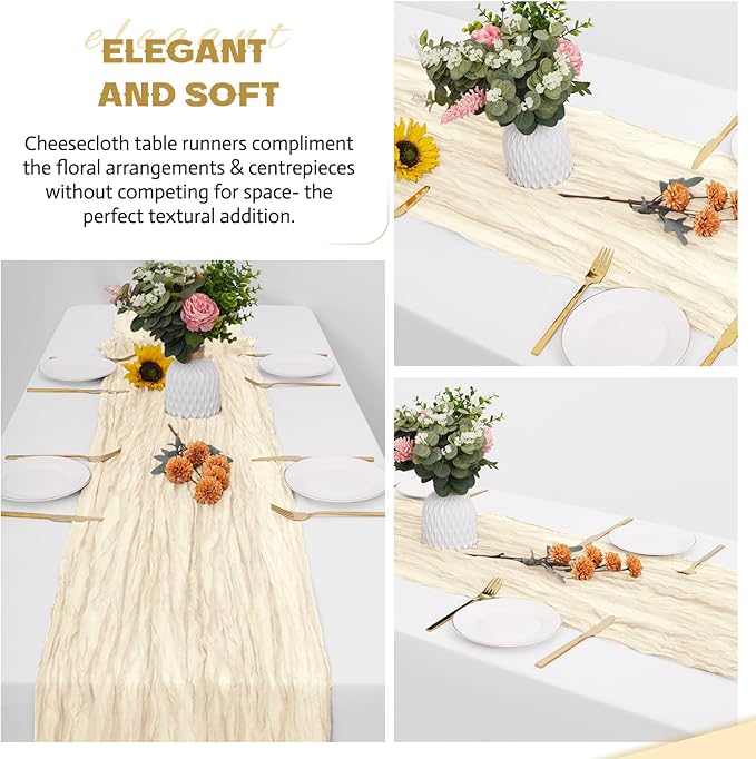 Aktor 4 Pack Ivory Table Runner Boho Cheesecloth Table Runner Semi Sheer Gauze Fabric Runners for Wedding Birthday Baby Shower Party Boho Table Decoration（Ivory）