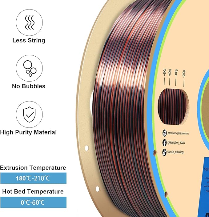 YOUSU Silk Dual Color PLA Filament, Coextrusion Filament, Multicolor 3D Printer Filament 1kg, Compatible with Most of 3D Printer, Silk Silver Copper Color Change Filament.
