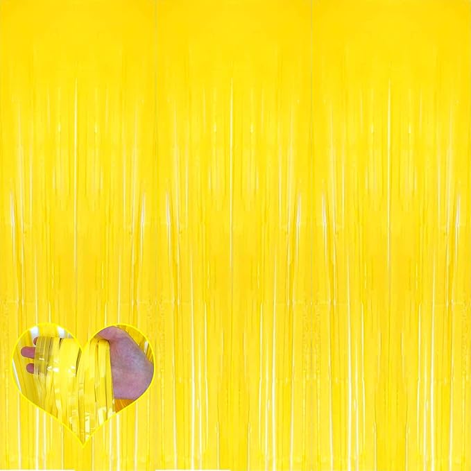 4 Pack Yellow Fringe Curtain Backdrop, 3.2Ft x 6.6Ft Metallic Tinsel Foil Fringe Streamers Background for Photo Booth Birthday Wedding Baby Shower Carnival Easter Mother’s Day Party Decorations