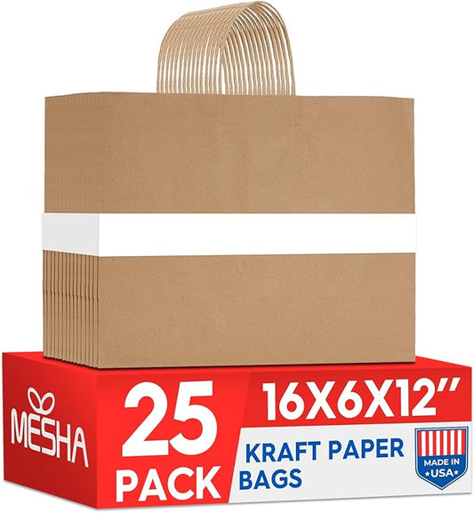 MESHA Large Brown Paper Bags with Handles 16x6x12 Inch 25 Pack Gift Shopping Bags Large Craft Bag Kraft Bag for Small Business