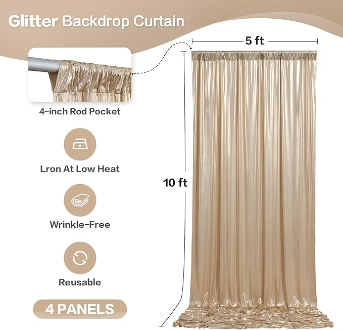 gogoparti 20x10FT Champagne Gold Sequin Backdrop Curtain - 4 Panels of 5x10FT Wrinkle-Free Glitter Drapes for Photography, Birthdays, Weddings & Graduations