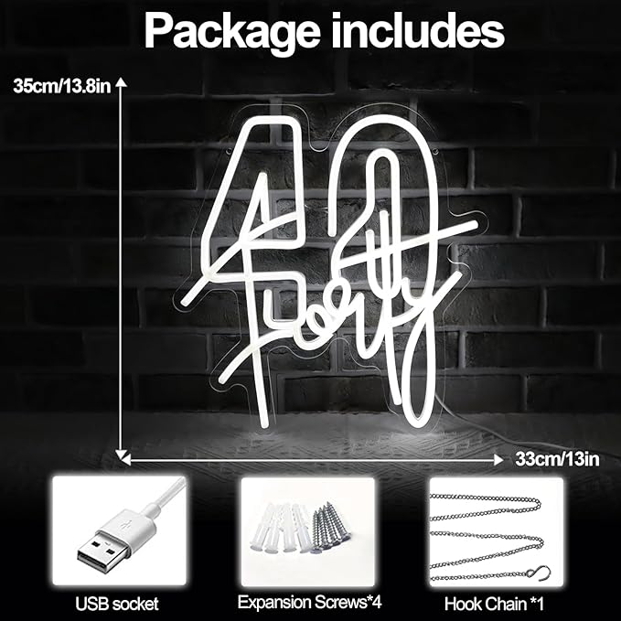 White Forty Neon Sign 40 Year Old Birthday Neon Sign Birthday Gift For 40 Year Old Woman Led Night Light For Wedding Engagement Banquet Anniversary Party Decor Gift For Girl Wife Lover(USB Sign)