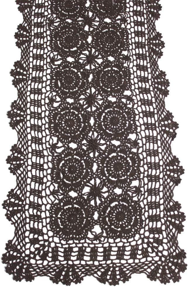 KEPSWET Cotton Handmade Crochet Lace Table Runner Dark Brown Rectangle Coffee Table Dresser Decor (14x48 inch)