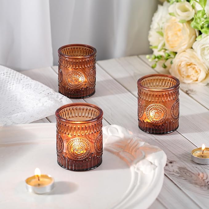 24 Pcs Amber Votive Candle Holders, Glass Tealight Candle Holders for Home Decor, Wedding Table Centerpiece, Birdal Shower, Party