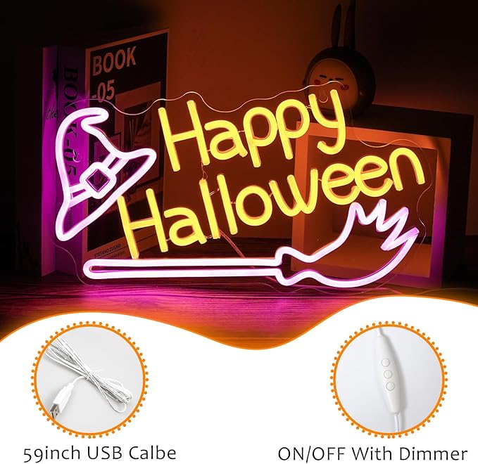 Happy Halloween Neon Sign Witch Hat Neon Sign Dimmable Broom Led Wall Decor Neon Lights Halloween Decorations for Home Spooky Party Kids Room