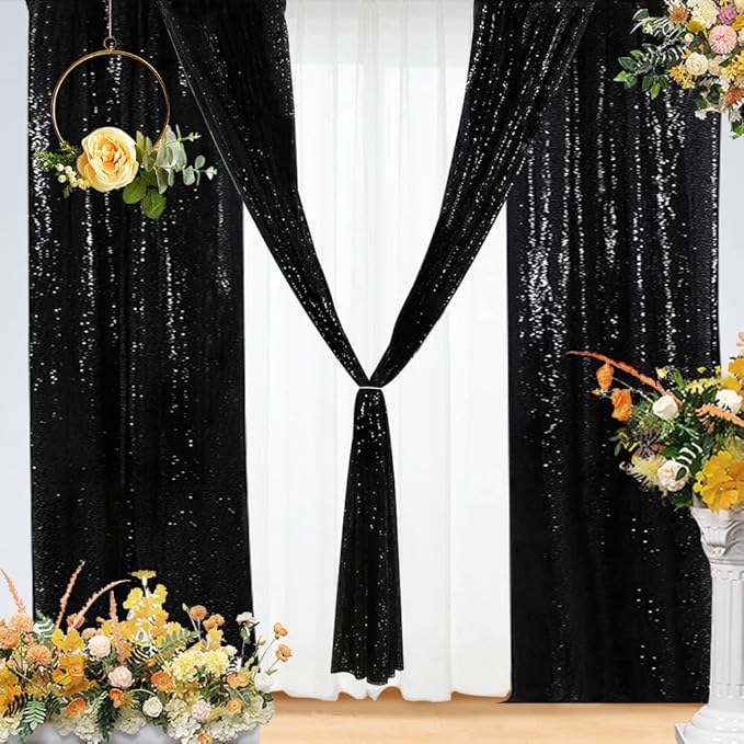 Eternal Beauty Black Sequin Backdrop Curtains, Halloween Shimmer Back Drop 4Panels-2FTx8FT for Christmas, Party, Birthday, Photography, Wedding, Baby Shower Event Decoration