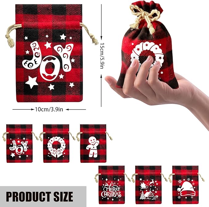 CCINEE 36Pcs Christmas Buffalo Plaid Drawstring Bags Red and Black Plaid Xmas Burlap Bag Reusable Treat Candy Bag Cotton Gift Bags with Drawstrings for Candy Wrapper Christmas Party Favors