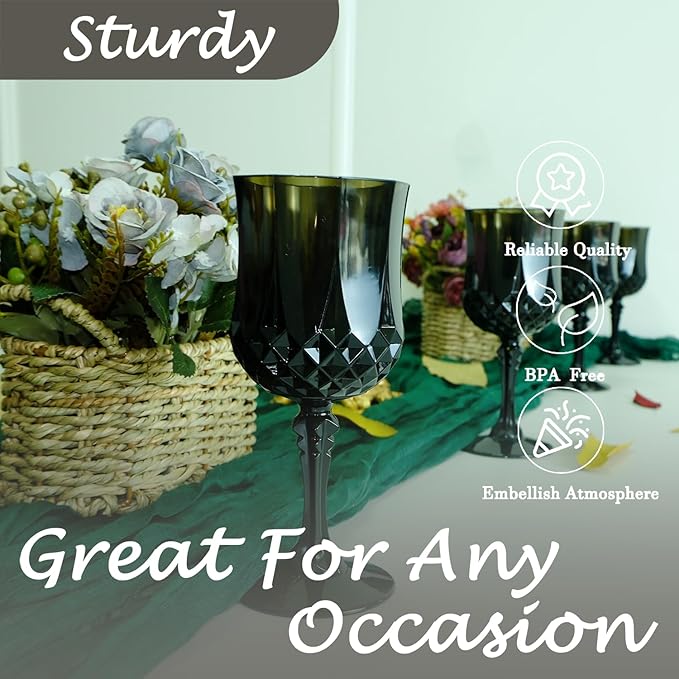 Plastic Wine Glasses，Plastic Goblets Vintage Style Cordial Drinking Glasses for Wedding Reception, Halloween Grand Event Party Supplies (12, Black)