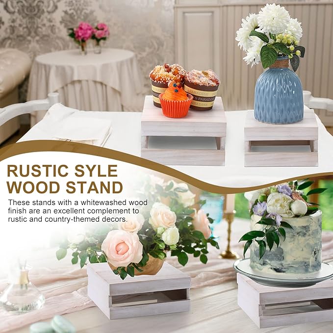 Sieral 4 Pieces Wood Cupcake Display Stand Decorative Dessert Appetizer Cake Stand Risers Wooden Crate Rustic Cake Risers for Storage for Party Christmas Halloween Wedding Decor(Vintage White)